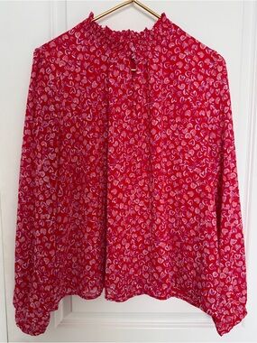 J.Crew Women’s 2X Red Heart Print Blouse Smocked Neck flutter sleeve romantic